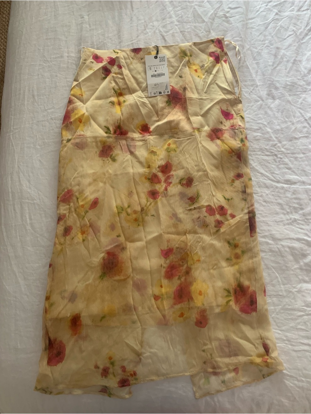 Zara Cream Midi Skirt with Pink & Yellow Floral Motif
